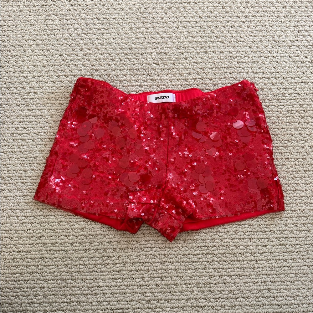 Danielle Guizio Red Sequin High Waist Shorts